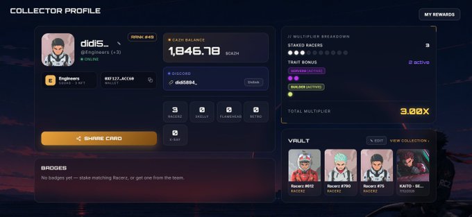 The image shows a "Collector Profile" page from Racerz displaying a 3.00X total multiplier, 1,846.78 GGRM cash balance, and a vault featuring four highlighted Racers (#612, #750, #75, and #110308), aligning with the post's description of the website's updated collector profile and vault features.