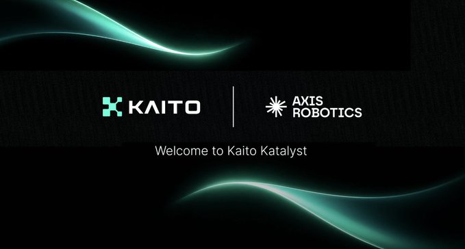 The image shows a banner for the "Kaito Katalyst" campaign featuring both the KAITO and AXIS ROBOTICS logos on a dark background with teal wave accents, announcing Axis Robotics' participation in the platform. The post describes how Axis Robotics uses browser-based tasks to generate robot training trajectories for Physical AI, with 0.25% of $AXIS tokens allocated to the Kaito Katalyst campaign, fully unlocked at TGE.