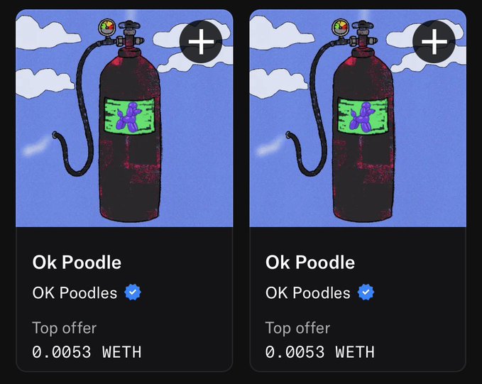 Two identical NFT listings for "Ok Poodle" by OK Poodles, each priced at 0.0053 WETH as a "Top offer," tie into the post's announcement of minting these NFTs to support creators endrythi and Maximill15 ahead of their upcoming reveal.