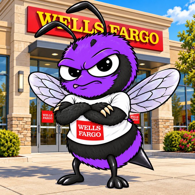 A cartoon illustration depicts a purple and black hornet-like creature wearing a 'Wells Fargo' t-shirt, standing with arms crossed in front of a Wells Fargo bank building.