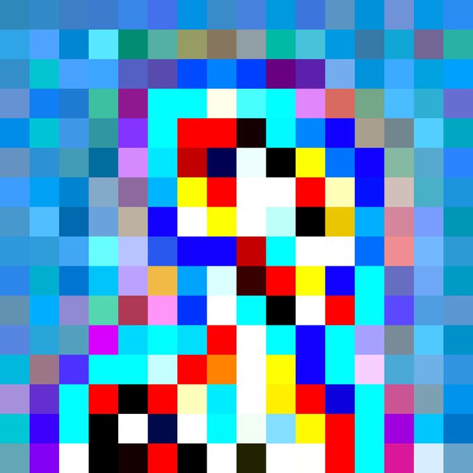 A heavily pixelated, mosaic-like image consisting of various colored squares, with a central shape roughly resembling a cartoonish face composed of red, white, blue, and yellow blocks.