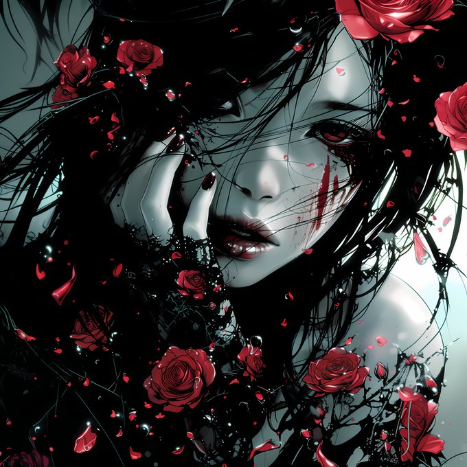 A dark, gothic-style digital illustration featuring a pale woman with long flowing black hair, red eyes, and red blood dripping down her face, surrounded by red roses, petals, and thorny vines against a black background.