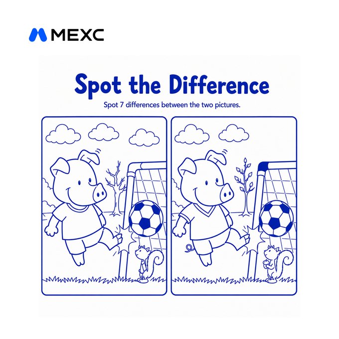 A MEXC-branded "Spot the Difference" puzzle featuring two cartoon pig soccer player images, inviting viewers to find 7 differences as part of a social media engagement challenge.