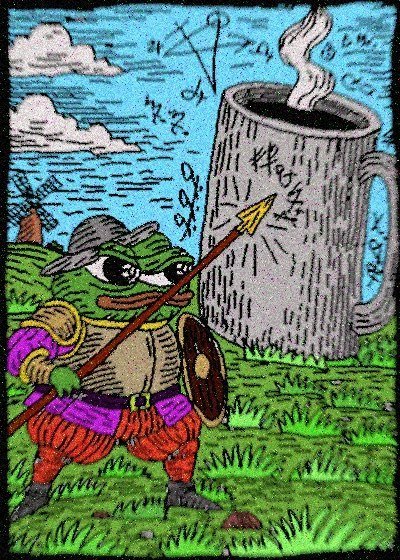 A colorful, lowbrow-style illustration of a frog dressed as a knight with a spear and shield, standing next to a giant beer mug emitting runes.