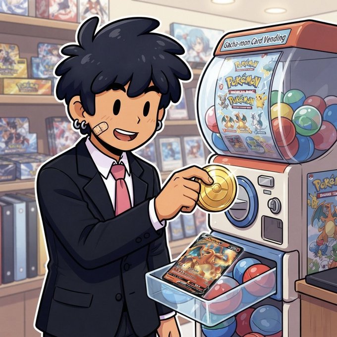 An anime-style illustration of a young man with black hair, wearing a suit and pink tie, smiling as he inserts a gold coin into a Gacha-mon Card Vending machine to receive a trading card, with shelves of card packs in the background.