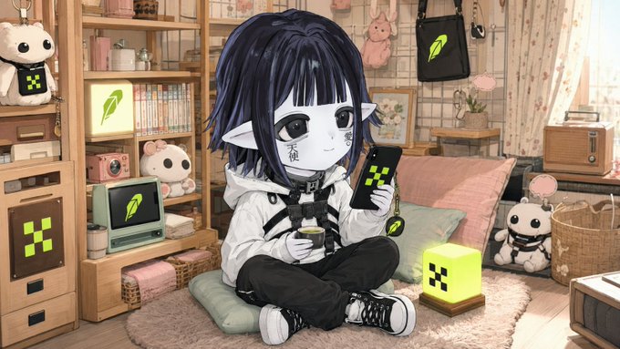 Anime-style illustration of a purple-haired elf-like character in a cozy, decorated room, holding a smartphone, with green feather and pixelated cube motifs throughout the scene.