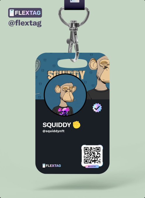 A product display of a 'FLEXTAG' ID badge featuring a cartoon monkey avatar named 'SQUIDDY' (@squiddynft) with a QR code, attached to a lanyard.