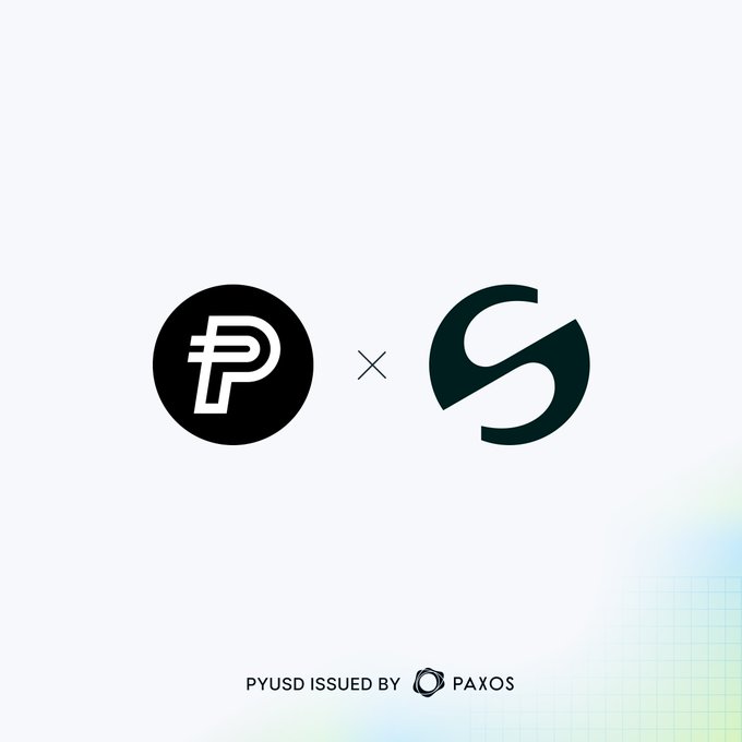 The image shows the PYUSD logo multiplied by the Paxos “P” logo, indicating a partnership between the two, with the text “PYUSD ISSUED BY PAXOS” at the bottom. It promotes Paxos’s OCC-regulated PYUSD stablecoin becoming available on Stable, emphasizing fast settlement and low fees.