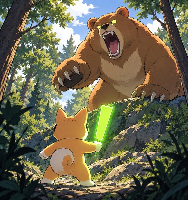 An anime-style illustration of a small orange cat-like creature wielding a green glowing sword against a giant roaring brown bear in a forest.