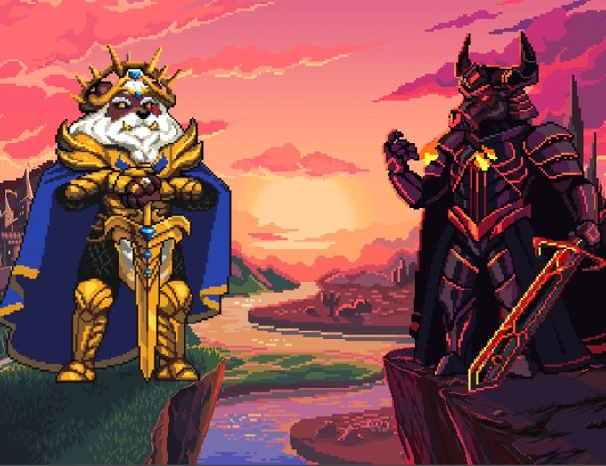 A pixel-art illustration depicts a noble lion king adorned in golden armor and a blue cape, wielding a sword on a grassy cliff, facing off against a menacing dark knight in glowing red armor with horns and a flaming blade on the opposite cliff at sunset—symbolizing the "Fortune Foes" duality of competition and high-stakes conflict described in the post.