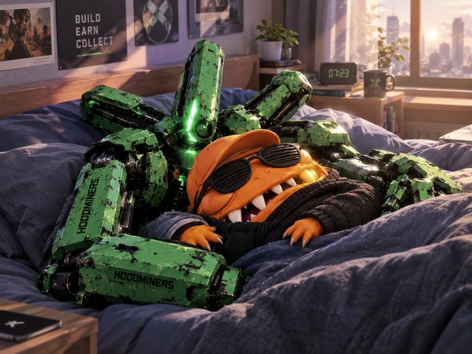 A 3D-rendered advertisement for HOODMINERS showing an orange reptilian character wearing sunglasses and a cap, embraced by a large green mechanical robot in a cozy bedroom setting.