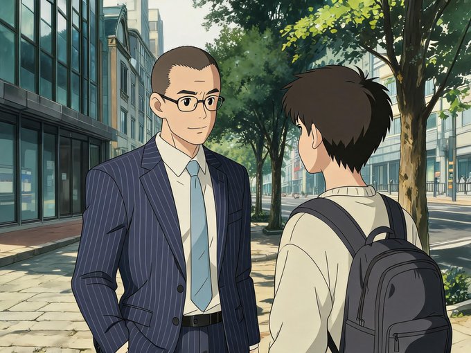 The image features a man wearing glasses, a suit, and a tie standing next to another person who has a backpack on their back. The two individuals appear to be engaged in conversation or observing something together. In the background of the image, there is a building visible behind them. The caption provided after the image reads: "@heyibinance 馬上來問CZ，能否幫他找回來。 從技術上講確實可行，但找回流程極其麻煩", which suggests that the man in glasses might be a character from a cartoon or animated series, and they are discussing something related to finance.