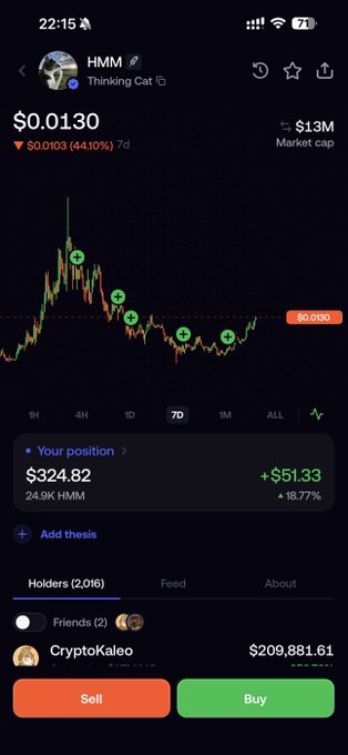 A mobile screenshot of a crypto trading app showing the HMM (Thinking Cat) token priced at $0.0130, down 44.10%, with a user's position showing +$51.33 profit.