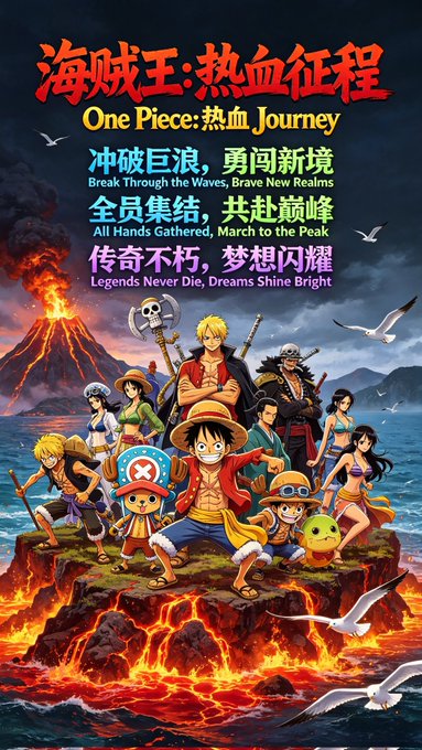 A promotional poster for 'One Piece: 热血 Journey' featuring anime characters including Luffy, Zoro, and Chopper standing on a volcanic island, with slogans like 'Break Through the Waves, Brave New Realms' and 'Legends Never Die, Dreams Shine Bright'.