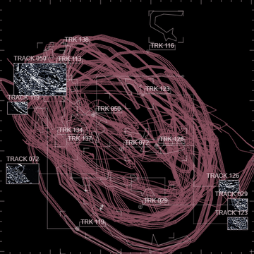 A generative artwork featuring a chaotic web of swirling magenta/pink lines across a black background, interspersed with pixelated grayscale thumbnails labeled "TRACK" followed by three-digit numbers (e.g., TRK 116, TRK 129, TRK 020, TRK 123, TRK 029). The piece visually represents the vast combinatorial uniqueness of the "DAY 03" collection on verse.works, where the swirling paths likely map the countless possible variations generated from sun position, moon phase, date, and time inputs, with the small embedded images serving as tracking markers among the 88 pieces.