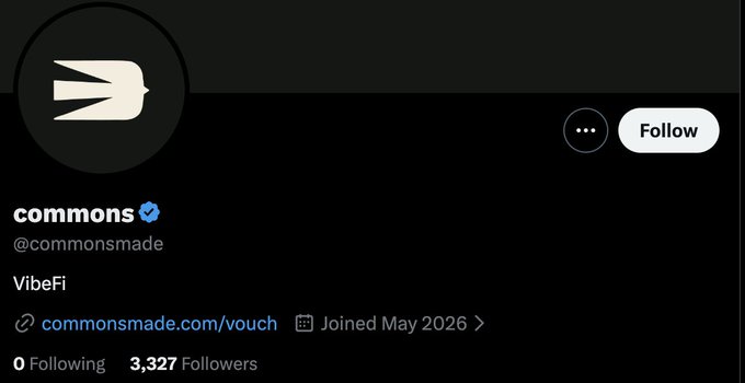 The image shows the X (Twitter) profile of "@commonsmade" (display name "commons" with a blue verified checkmark), featuring a stylized white bird/ship logo, a "Follow" button, and the bio "VibeFi" with a link to commonsmade.com/vouch. The profile shows 0 Following and 3,327 Followers, visually promoting the VibeFi platform mentioned in the post about airdrop rewards.
