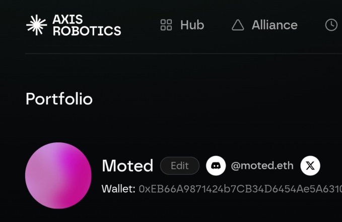 A dark-themed user interface shows 'AXIS ROBOTICS' navigation with options like 'Hub' and 'Alliance', displaying a 'Portfolio' section with an entry for 'Moted' linked to @moted.eth.