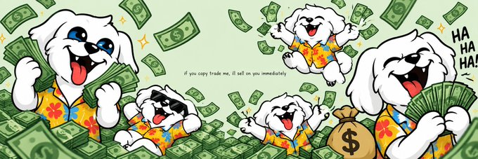 A cartoon white dog wearing a Hawaiian shirt celebrates wildly among flying money and a "HA HA HA!" text, with "if you copy trade me, ill sell on you immediately" displayed in the center—amplifying the boastful "best fomo banner of all time" caption with a humorous warning against copying trades.