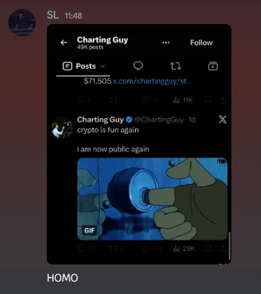 A mobile screenshot of a Twitter/X post by @ChartingGuy (49K points) captioned 'crypto is fun again i am now public again' featuring a Rick and Morty GIF of Mr. Meeseeks, with 'HOMO' text at the bottom.