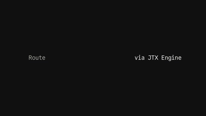 The image features an image of a gray background with white text that reads "via JTX engine", followed by an arrow pointing downwards, suggesting a direction or location. In addition to these elements, there's also some text stating "i'm a perp trader, single-handedly clocking $50M in volume on both @HyperliquidX and @variational_io - zero bots used. will take a close eyes on the launch of @jtx". This gives an idea of the content or context of the image related to the post.
