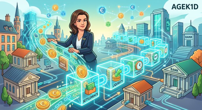 A colorful digital illustration watermarked "AGEK1D" showing a businesswoman interacting with glowing digital cubes labeled with financial terms like "BANK reserves," "LIQUIDITY," and "SETTLEMENTS" amidst Euro and Dollar coins and stylized bank buildings.