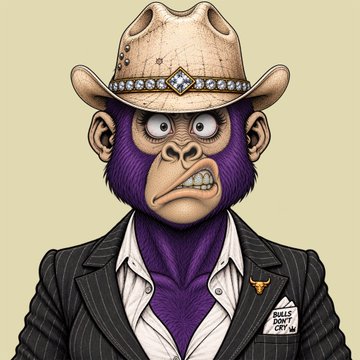 A cartoon illustration of an angry purple gorilla wearing a tan cowboy hat with a diamond band, a pinstripe suit with a bull badge, and a 'Bulls Don't Cry' name tag.