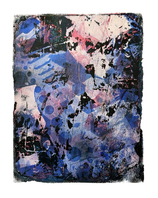 An abstract mixed-media artwork featuring layered textures and washes of blue, pink, black, and white with fragmented shapes and patterns.