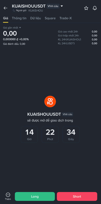 A Binance trading interface for KUAISHOUUSDT in Vietnamese, showing the trading pair will open in 14 hours, 22 minutes, and 34 seconds with Long and Short buttons at the bottom.