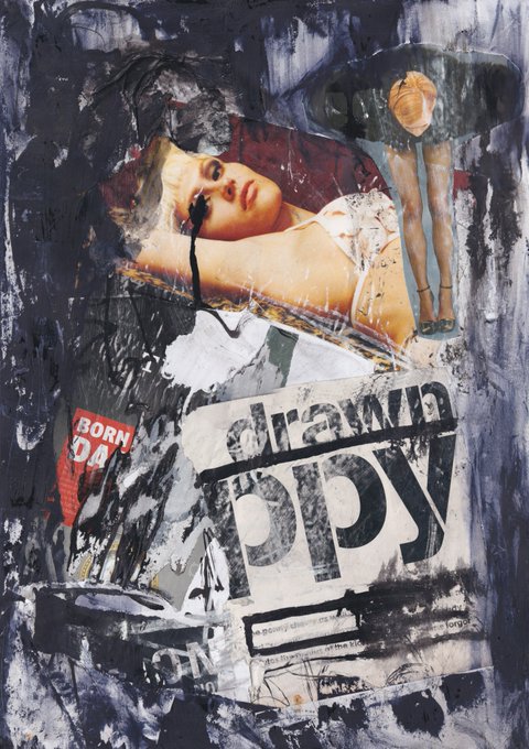 A digital collage features a vintage-style photograph of a reclining woman alongside images of legs and feet, layered over a moody black, white, and gray painted background. Prominent text reading "psy" and a red "BORN" tag fragment are integrated into the composition, embodying the post's celebration of analog-inspired mixed media brought on-chain.