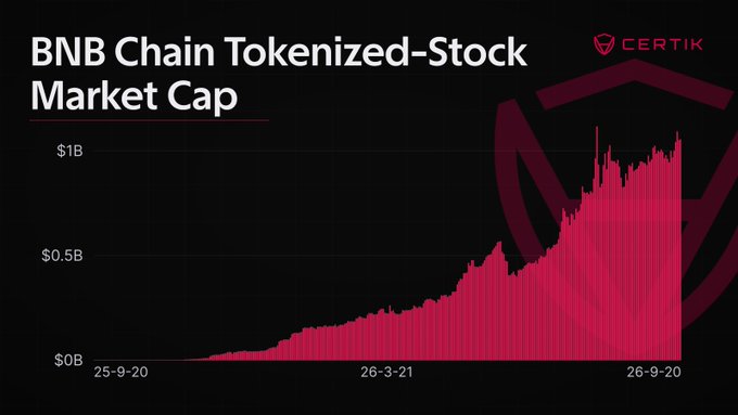 A pink bar chart titled "BNB Chain Tokenized-Stock Market Cap" shows exponential growth from $0B in September 2025 to over $1B by September 2026, illustrating BNB Chain's emergence as a leading onchain venue for tokenized stocks with $1.1B in circulating market cap—approximately 30.7% of the $3.42B tracked across 17 blockchains.