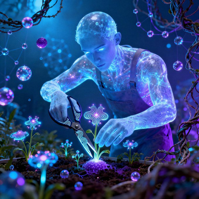 A translucent, glowing blue humanoid figure wearing overalls uses scissors to trim a glowing, neon plant in a dark environment.