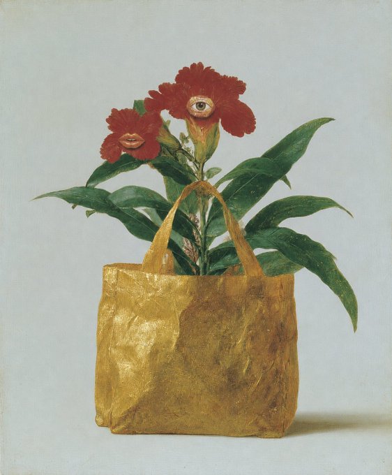 A surreal painting depicting red flowers with human-like eyes and lips growing from a green leafy plant inside a metallic gold tote bag against a plain background.