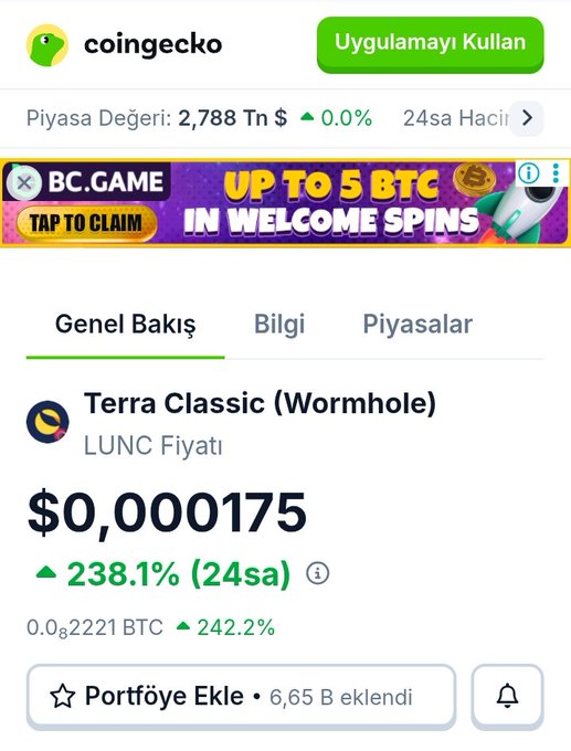 A screenshot from CoinGecko showing Terra Classic (Wormhole) ($LUNC) trading at $0.000175 with a significant 238.1% increase in the last 24 hours and 0.0g2221 BTC.