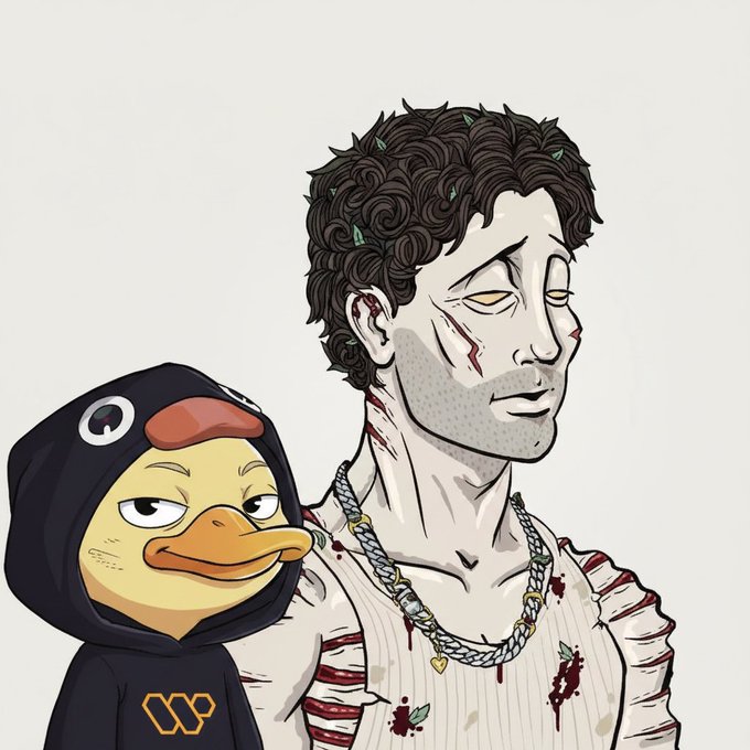 An illustration featuring a battle-worn man alongside a duck character wearing a black hoodie with a gold "W" logo. This imagery visually supports the post's mention of Wallchain and its role in transforming bot activity into protocol revenue.