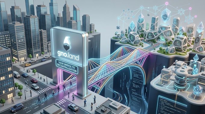 A futuristic cityscape illustration featuring a glowing 'gno.land' billboard with the text 'YOUR BRIDGE TO DECENTRALIZATION', connected by a colorful neon bridge to a crystalline technological structure.