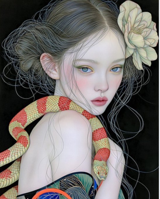A digital illustration of a woman with blue eyes and a large flower in her hair, with a red and yellow snake draped over her shoulder.