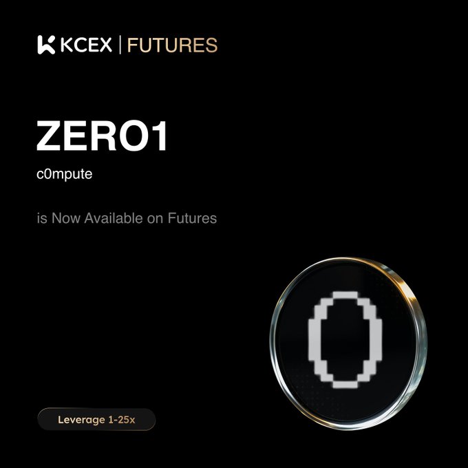 The image features a black background with a white circle containing an "O" inside of it, which appears to be a logo for a company named "KCEX Futures". The text above the image reads "ZERO1", indicating that this is a new listing or promotion for a cryptocurrency called "ZERO1". The post also mentions that leverage trading is now available on future exchanges.