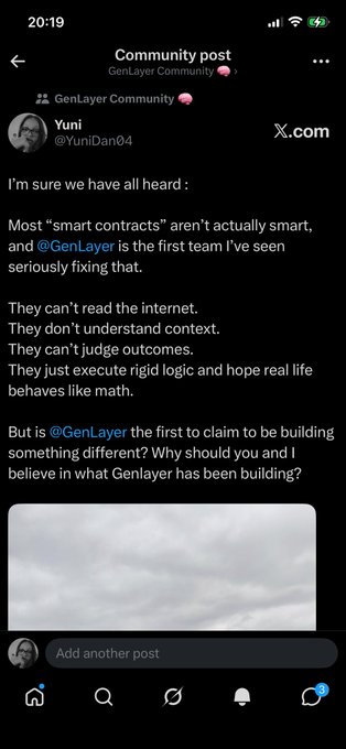 A community post on X by user Yuni (@YuniDan04) discusses how most "smart contracts" aren't actually smart and suggests GenLayer is the first team seriously addressing that limitation.