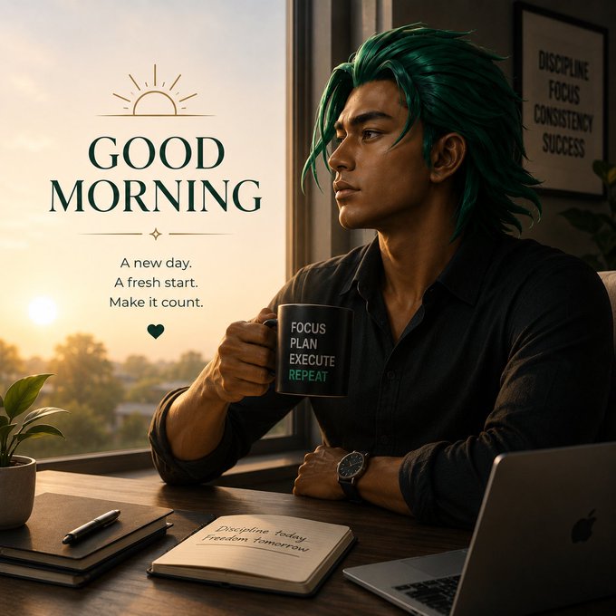 A "GOOD MORNING" motivational graphic featuring a young man with green hair holding a mug reading "FOCUS PLAN EXECUTE REPEAT", alongside text "A new day. A fresh start. Make it count." and a background poster listing "DISCIPLINE FOCUS CONSISTENCY SUCCESS".