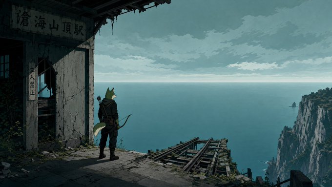 An archer wearing a green fox mask stands at the threshold of an abandoned seaside station marked "館海山頂駅" (Kan-Umi Sanjo Station) and "立入禁止" (No Entry), gazing out over a vast ocean where a weathered wooden platform extends into the water.

The image evokes a sense of solitary contemplation and new beginnings, mirroring the post's theme of strategic planning as the masked figure surveys the horizon—symbolizing the careful vision required to unite the $WOOF clan in their next phase.