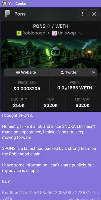 The image shows a Telegram post by "Yen Cooks" announcing a purchase of $PONS token at a $320K market cap, displayed via a DEX tracker showing PONS/WETH pair on Robinhood/Uniswap with a price of $0.0003205 and 0.1663 WETH. This relates to the post's claim of calling $PONS early at a $320K market cap, which the author cites as evidence of their successful early token calls alongside $ANSEM and $CashCat.