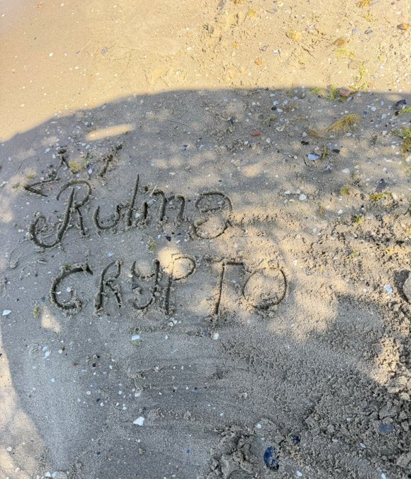 Names 'Robin' and 'CRYPTO' are written in sand, likely at a beach, with shadows from foliage falling across the writing.