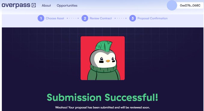 A screenshot of the 'overpass' website showing a 'Submission Successful!' confirmation page featuring a cartoon penguin character in a green hoodie.