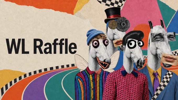 The image is a colorful promotional banner featuring three whimsical horse-like figures with googly eyes dressed in eclectic outfits, with "WL Raffle" displayed in bold text on a torn paper background, advertising a 40-spot raffle for Hippodrome NFT collection on Robinhood Chain.