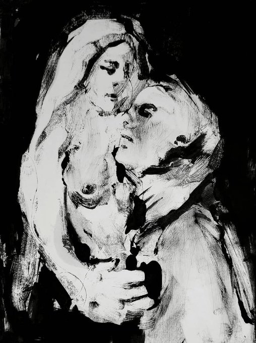The image displays a black and white, expressive sketch of two figures embracing, identified as an edition of the artwork 'COUPLES' that has been sold.