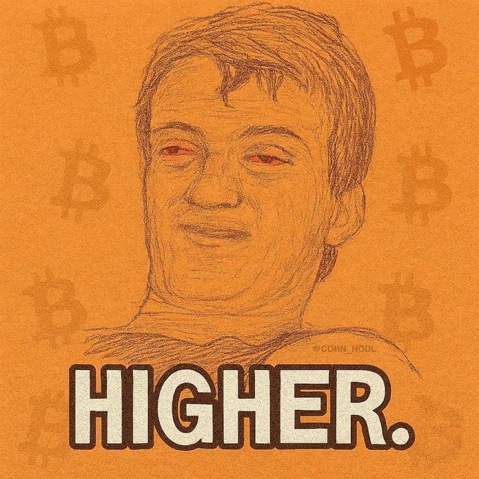 An orange-toned sketch-style illustration depicts a man with red eyes, surrounded by Bitcoin symbols, with the word 'HIGHER' displayed prominently at the bottom.