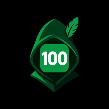 A green leaf-shaped badge or logo displaying the number '100' on a black background.