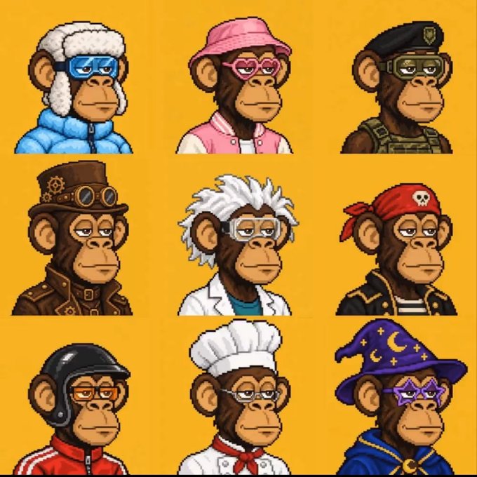 A grid of nine cartoon Bored Ape-style NFT portraits on a yellow background, featuring characters dressed as a pilot, a pink hat-wearing ape, a soldier, a steampunk figure, a scientist, a pirate, a motorcycle racer, a chef, and a wizard.