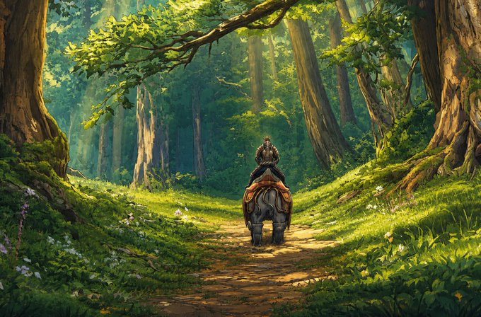 The image features an artist's rendering of a forest scene where a person is riding a horse down a dirt path surrounded by trees. The artist has chosen to focus on the Kojin collection and its future economy, as indicated by the caption provided. This decision comes down to long-term alignment with the Kojin game and its AI-driven world, which includes autonomous agents, player ownership, and a future where players can buy and sell properties within the game's virtual economy.