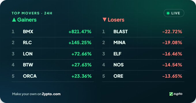 A cryptocurrency dashboard from Zypto.com showing 'TOP MOVERS · 24H' with top Gainers (BMX +821.47%, RLC +145.25%, LON +72.66%, BTW +27.63%, ORCA +23.36%) and top Losers (BLAST -22.72%, MINA -19.08%, ELF -16.46%, NOS -14.54%, ORE -13.65%).